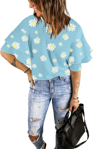 Vista 4 de luvamia Blusa casual de manga acampanada de 34 con cuello redondo para mujer