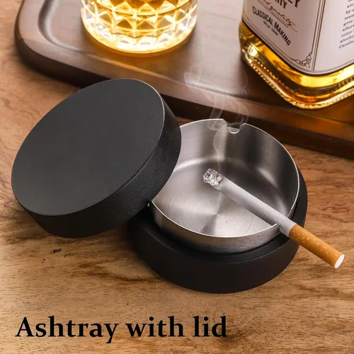 Vista 2 de Cenicero lindo para cigarrillos con tapa DDAJJAJ Cenicero de madera con acero inoxidable, cenicero portátil decorativo, cenicero resistente al