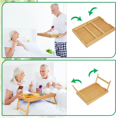 Vista 2 de Artmeer Bandeja de cama con patas plegables, bandeja de bambú para desayuno con ranura multimedia, uso como plato, escritorio para laptop