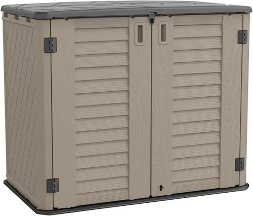 Vista 8 de Cobertizo de almacenamiento horizontal para jardines y patios, caja de almacenamiento de plástico impermeable, cobertizo pequeño de 26 pies cúbicos