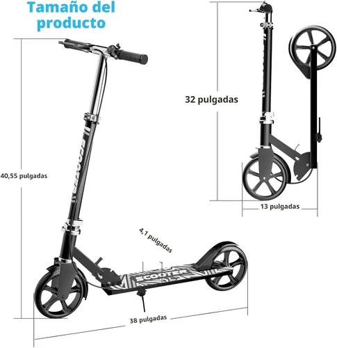 Vista 7 de Patinetes para niños de 8 a 12 años, adolescentes y adultos, ligeros, plegables, ruedas grandes de 8 pulgadas, freno de mano y campana, 4 niveles
