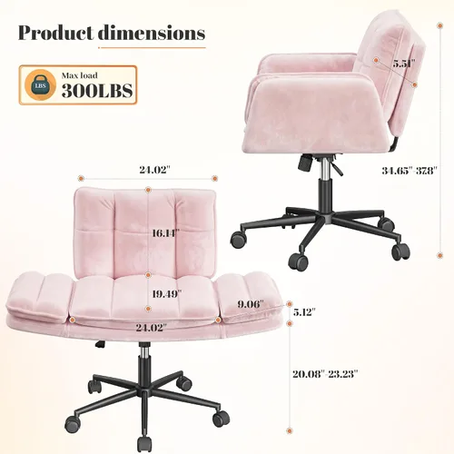 Vista 2 de DurayLoly Silla Criss Cross con ruedas, silla de escritorio rosa con reposabrazos ajustables, silla de tocador con respaldo para dormitorio, sala