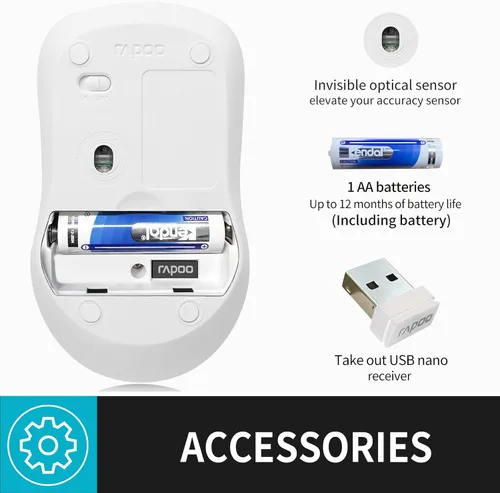 Vista 2 de Rapoo Ratón inalámbrico silencioso 1680, 2.4 GHz inalámbrico con receptor USB, 1K DPI, mouse de computadora de 3 botones con duración de batería