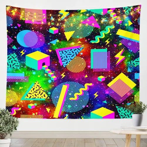 Vista 7 de Tapiz retro de los años 80 y 90, tamaño pequeño de 51 x 59, tapices geométricos abstractos urbanos modernos y colgantes de pared triangulares, arte