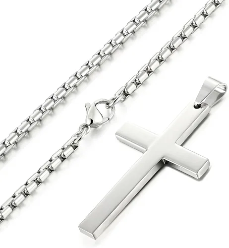 Vista 4 de ORAZIO 3MM Stainless Steel Chain Cross Pendant Necklace for Men 22 24 30 Inches
