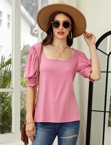 Vista 3 de BeautyNee Blusa de manga abombada con cuello cuadrado para mujer, color liso, túnica elástica