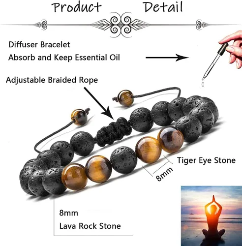 Vista 3 de MOZAKA - 10 pulseras con cuentas de piedra natural de lava de 0.315in para hombres y mujeres, hematita de ojo de tigre, cuentas de ónix negro mate