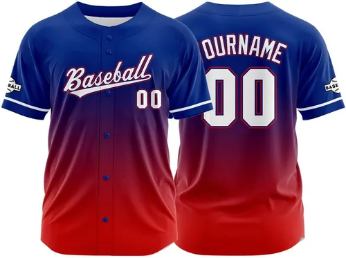 Vista 19 de Camiseta de béisbol con degradado personalizado, nombre, número y logotipo personalizados para hombres, mujeres y niños
