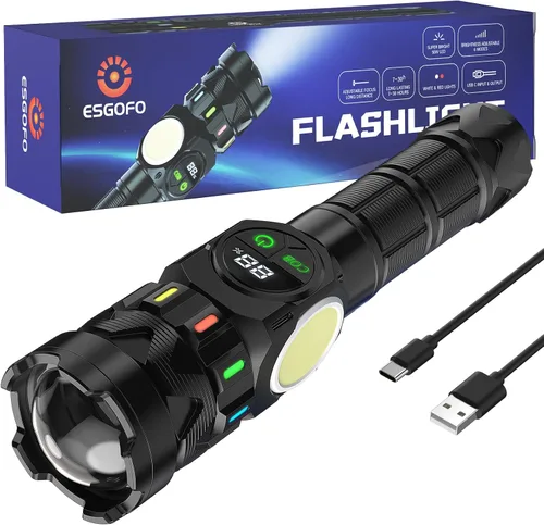 Vista 9 de Esgofo Linternas recargables de alto lúmenes 10000 2 modos alto/bajo, linterna LED magnética superbrillante de larga distancia 3280 pies, potente
