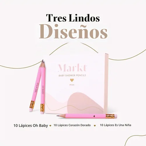 Vista 2 de Markt Mini lápices para juegos de baby shower para niña, lápices de corazón, juego de lápices rosados pequeños