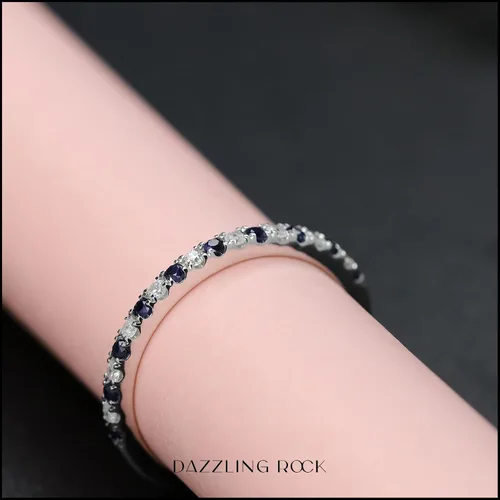 Vista 2 de Dazzlingrock Collection Round Alternate Blue Sapphire & White Diamond Stackable Wedding Band for Women in 925 Sterling Silver