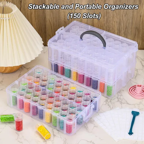 Vista 5 de QUEFE Contenedor de almacenamiento de pintura de diamante de 3 niveles, caja organizadora de cuentas portátil de 150 ranuras, organizadores