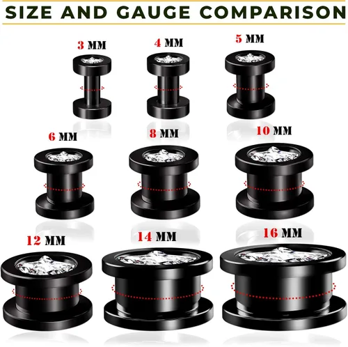 Vista 4 de Big GAUGES - Par de tornillos de cristal anodizado negro transparente para joyería