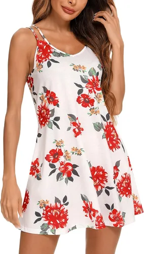 Vista 4 de Camisón estampado para mujer, camisón sin mangas, talla grande, ropa de dormir con bolsillos, tallas S-3XL