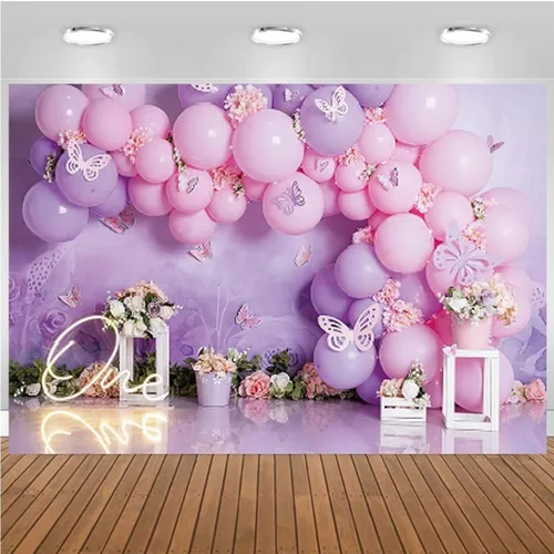 Vista 4 de Fondo de fotografía para fiesta de cumpleaños de niña, globos rosas y morados, mariposa, país de las maravillas, baby shower, flores, fondo