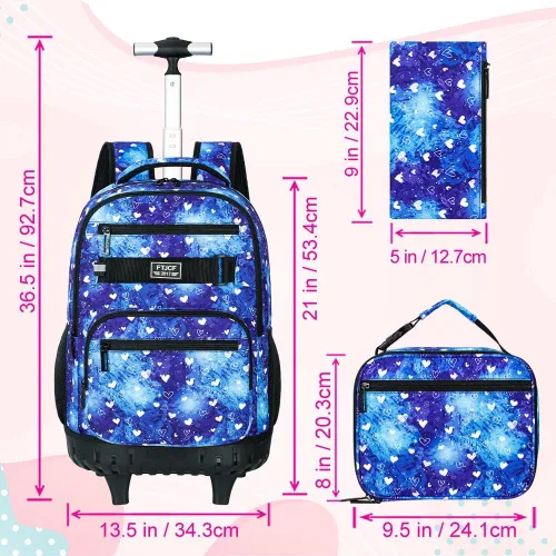 Vista 3 de 3 piezas de mochila rodante para mujeres y hombres, bolsa de 21 pulgadas para adultos con ruedas, juego de mochilas con ruedas para niñas y niños