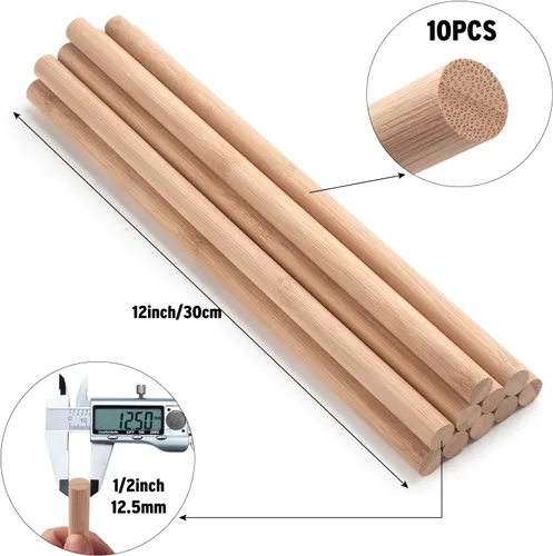 Vista 3 de Clavijas de madera para manualidades, 10 varillas de madera de 1/2 x 12 pulgadas, varillas de bambú redondas naturales para manualidades, tacos