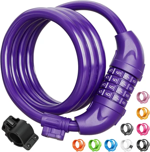 Vista 10 de Titanker Candado de bicicleta, cerradura de bicicleta de 4 pies, bloqueo de cable de 1/2 pulgada con soporte de montaje, accesorios de bicicleta