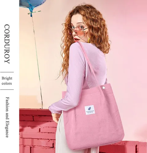 Vista 6 de Tote - Bolsa de hombro reutilizable de pana de gran capacidad con bolsillos interiores para mujeres y niñas