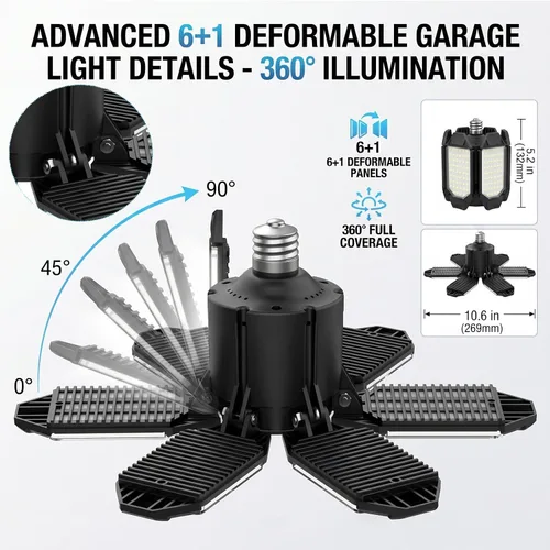Vista 3 de Bombilla LED para garaje AYSEMO de 15000 lm - Luces LED de techo ajustables en 360° con 6+1 paneles deformables, 6500 K de luz diurna, base