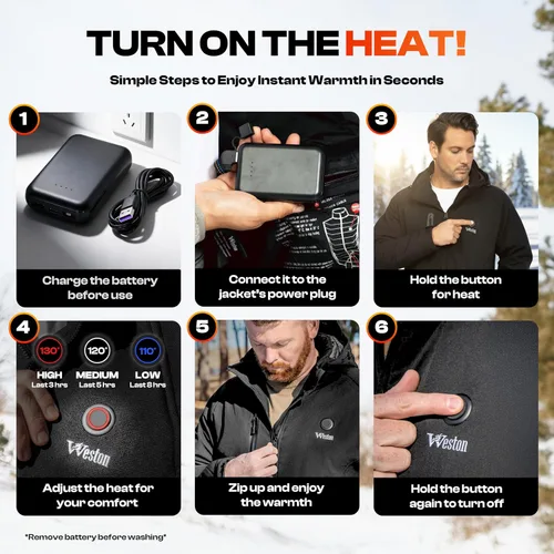 Vista 4 de WESTON Abrigo térmico para hombre, 4 zonas de calefacción, 7.4 V, batería recargable de 4800 mAh, 3 niveles de calor ajustables