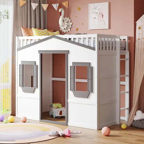 Vista 24 de Playhouse Wood Twin Size Loft Bed with Storage Staircase, Desk, Shelves