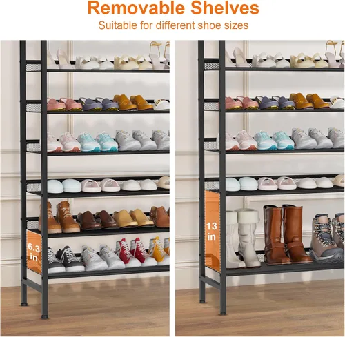 Vista 5 de Zapatero grande de 8 niveles, organizador de zapatos vertical de metal resistente, para armario, puerta delantera, entrada, hasta 28 pares, estante