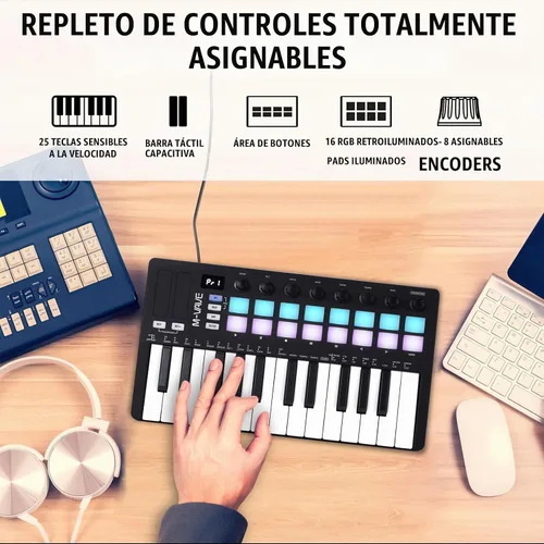 Vista 3 de M-VAVE Controlador de teclado USB MIDI de 25 teclas con 16 almohadillas de batería retroiluminadas, Bluetooth, teclado dinámico semi-pesado 16
