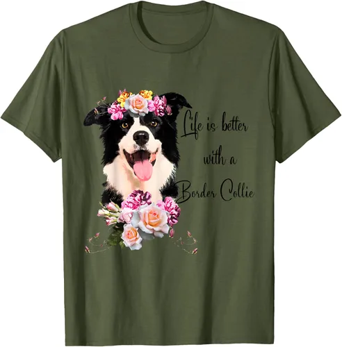 Vista 54 de Life is Better With a Border Collie - Camiseta de perro lindo con flores, gris, S Gris Oscuro