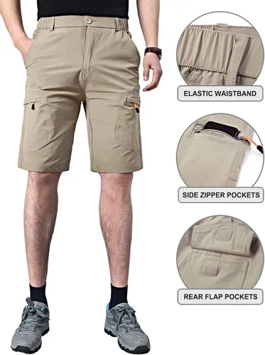 Vista 4 de EXEKE Pantalones cortos de senderismo ligeros para hombre, elásticos, de secado rápido, con múltiples bolsillos
