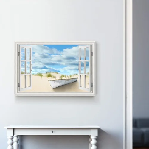 Vista 4 de Renditions Gallery Lienzo decorativo para pared, vista de barco viejo atracado en la playa de arena blanca, obra de arte para colgar en la pared
