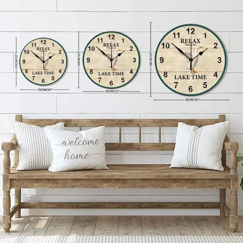 Vista 8 de Reloj de pared de madera de 10 pulgadas Relax You're on Lake Time con pato, funciona con pilas y manecillas de metal, reloj de pared