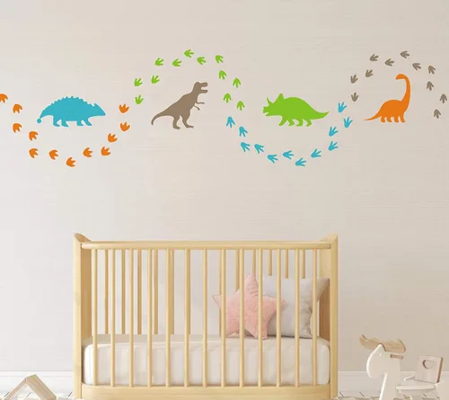 Vista 2 de Calcomanías de pared de dinosaurios, huellas de dinosaurios, calcomanías de pared de vinilo mate, decoración de pared para niños y bebés
