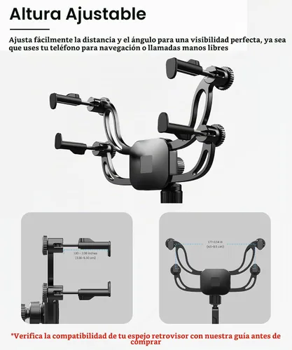 Vista 5 de Soporte para teléfono con espejo retrovisor – Soporte de teléfono de coche con brazo de metal sólido, ajuste universal para iPhone y Android, clip