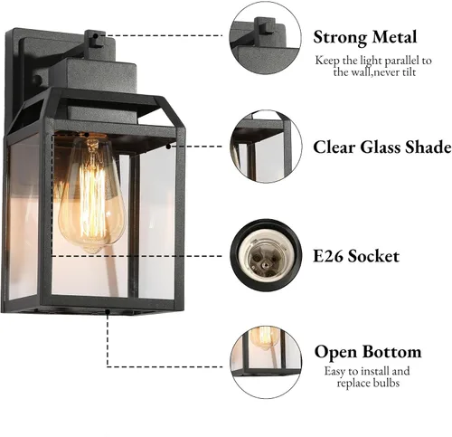 Vista 6 de Luces de pared negras para exteriores, apliques de pared exterior de granja con vidrio transparente, faroles cuadrados modernos impermeables