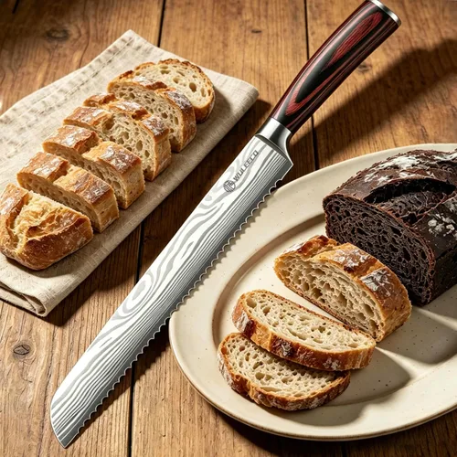 Vista 5 de Cuchillo de pan para pan casero, cuchillo de pan dentado de 10 pulgadas con acero inoxidable de alta calidad y mango ergonómico de madera de Pakka