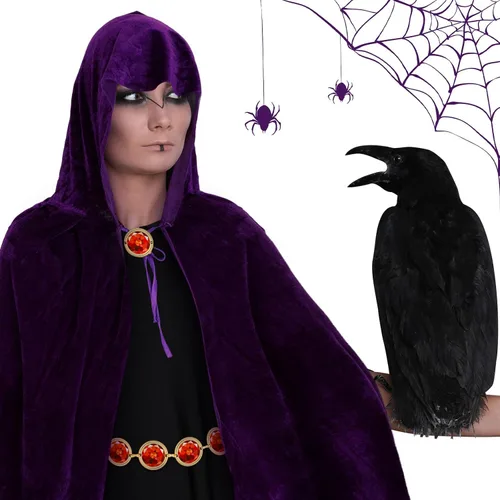 Vista 6 de 6 Pcs Halloween Purple Cape Adjustable Stone Chain with Red Gems Diamond Wig Nets and Pantyhose Set for Halloween Cosplay
