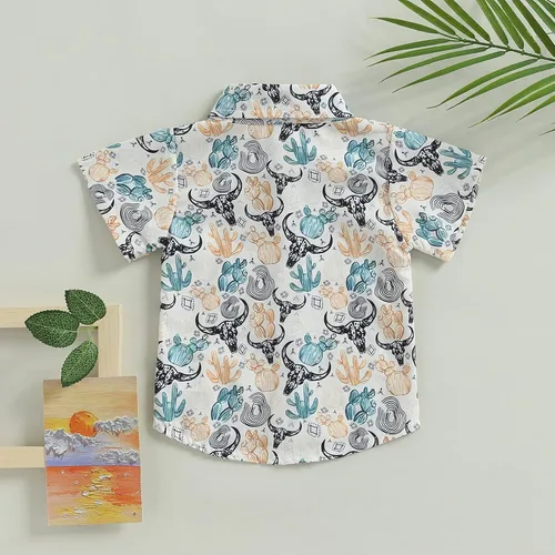 Vista 7 de Ropa occidental para bebé, camisas con estampado de vaca, manga corta, botones y cuello de solapa, camiseta de verano 6M-4T