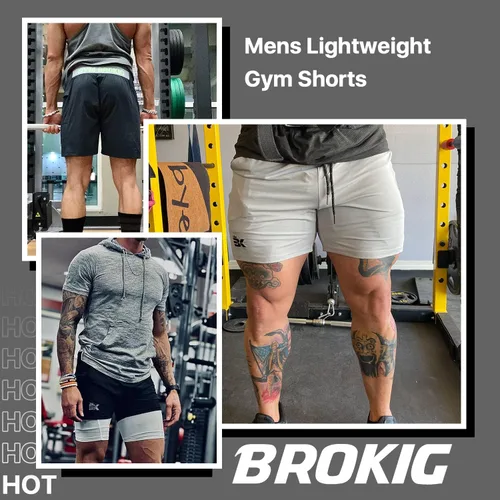 Vista 2 de BROKIG Pantalones cortos de gimnasio ligeros para hombre, pantalones cortos de entrenamiento atlético para hombre con bolsillos para culturismo