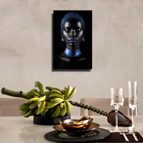 Vista 2 de Arte de pared afroamericano, impresiones en lienzo de niña negra y azul, póster de mujer afro-moderna, pintura artística negra para sala de estar