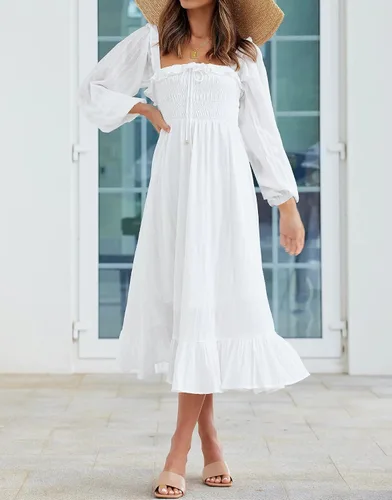 Vista 5 de R.Vivimos Women's Linen Fall Long Sleeves Stripes Ruffled Boho Casual A-Line Flowy Midi Dresses