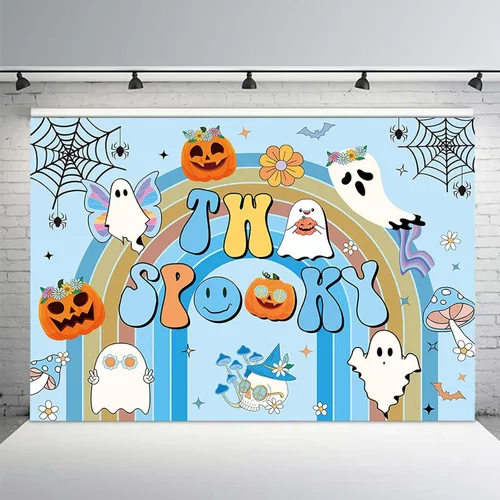 Vista 2 de MEHOFOND Telón de fondo espeluznante azul de 7 x 5 pies para Halloween y 2º cumpleaños retro Groovy Rainbow Hippie, decoraciones de fiesta