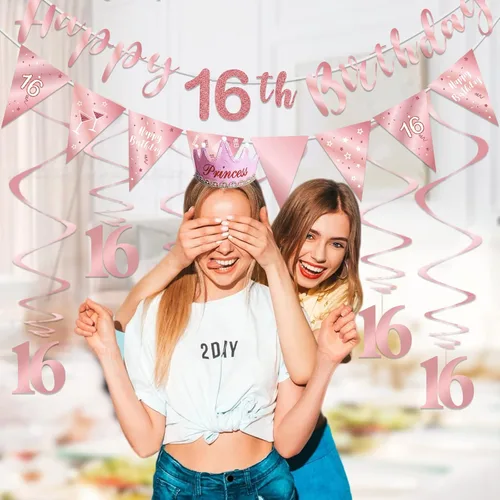 Vista 4 de Decoración de cumpleaños número 16 de oro rosa para niñas, pancarta de feliz cumpleaños 16, remolinos de banderines, pancarta de bandera triangular