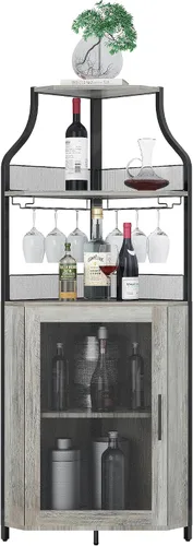 Vista 4 de GAOMON Armario esquinero para bar de vinos con estante desmontable para vinos, armario de bar con soporte para vidrio, aparador pequeño y gabinete