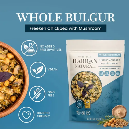 Vista 3 de Harran Natural Freekeh Pilaf – Grano antiguo, alto en proteínas, vegano, comida lista sin OMG con champiñones, albahaca roja y garbanzos asados, 6.6