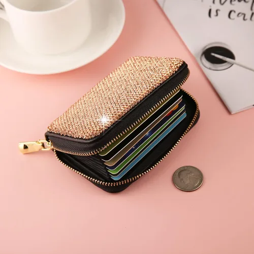 Vista 4 de AsAlways Funda con cremallera multicapa con diamantes de imitación RFID, cartera pequeña delgada para mujer, Oro, Moderno
