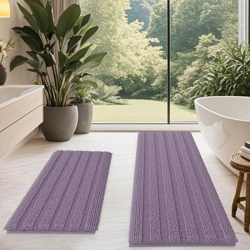 Vista 11 de ACCUMTEK - Juego de alfombras de baño a rayas beige de 3 piezas, ultrasuaves, antideslizantes de chenilla, alfombras de baño mullidas y absorbentes