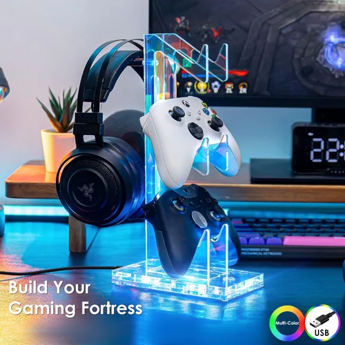 Vista 10 de OAPRIRE Headset and Controller Stand with Lights, 2 Tier Acrylic Game Controller Holder, Controller and Headset Stand for Desktop,Universal Design