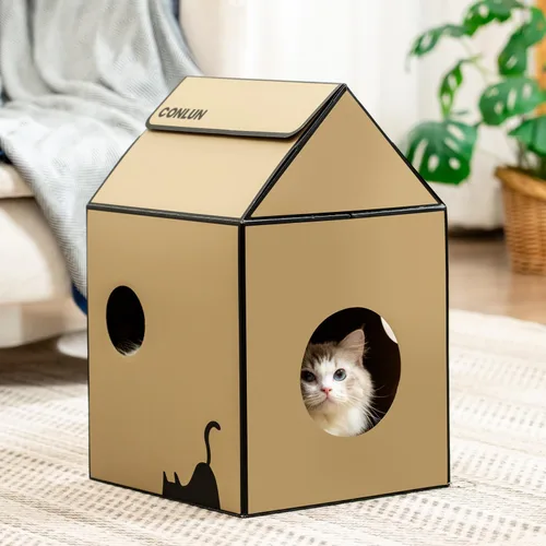 Vista 6 de Conlun Casa de cartón para gatos con almohadilla para rascar y hierba gatera, casa rascador para juegos de gatos para muebles de interior, rascador