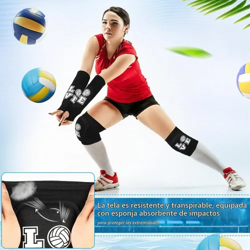 Vista 5 de Ramede Rodilleras de voleibol y mangas para brazos con almohadilla de protección, antebrazo, codo con orificio para el pulgar, accesorios